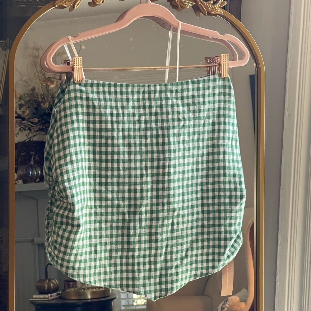 Reformation NWT Dillon Linen Strapless Crop Top in Palms Green Gingham